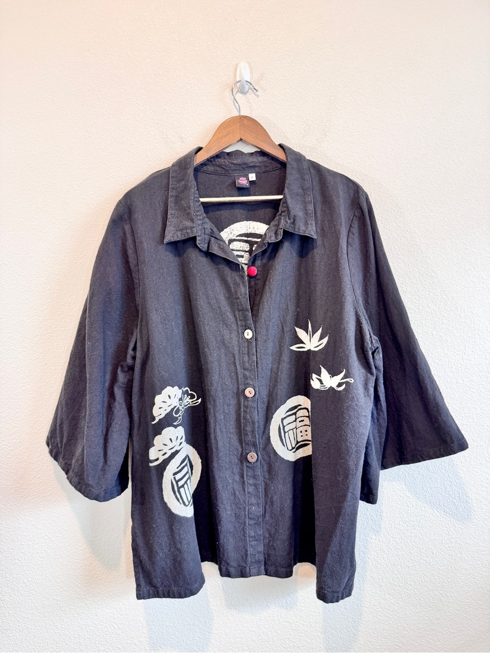 Cupcake International 2X Art to Wear Black Cotton Kimono Graphic Tunic Shirt J58